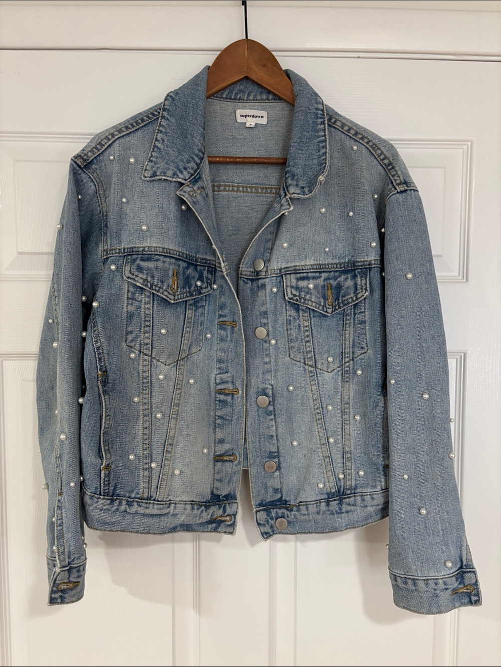 superdown Light Blue Pearl-Embellished Denim Jacket bride